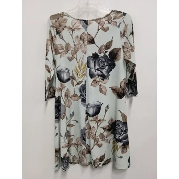 Honeyme Womens BOHO Mini Dress Size Small Light Blue Floral 3/4 Sleeve Stretch - Picture 5 of 6